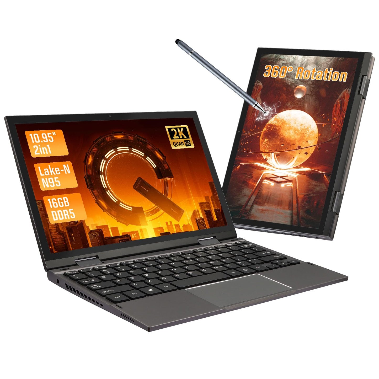 BINHENGLON Mini Laptop 10.95 Inch Ultrabook 2000 * 1200 Touch Display Celeron N95 (up to 3.4 GHz) 16 GB DDR5 RAM 512GB SSD Convertible Windows 11 2X Type-C BT 5.0 (Gray 16G+512G SSD)