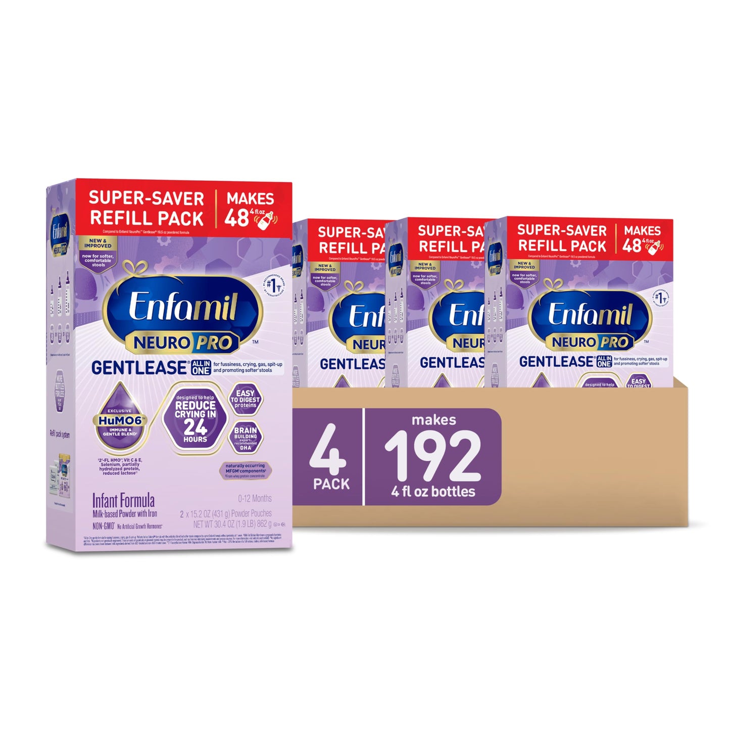 Enfamil NeuroPro Gentlease Baby Formula Brain Building DHA HuMO6 Immune Blend Designed to Reduce Fussiness Crying Gas & Spit-up in 24 Hrs has Prebiotics to Promote Softer Stools Baby Milk 30.4 Oz (Pack of 4)
