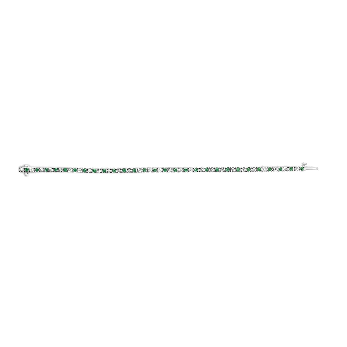14K White Gold Alternating 1 1/2 Cttw Diamond and Emerald Tennis Bracelet