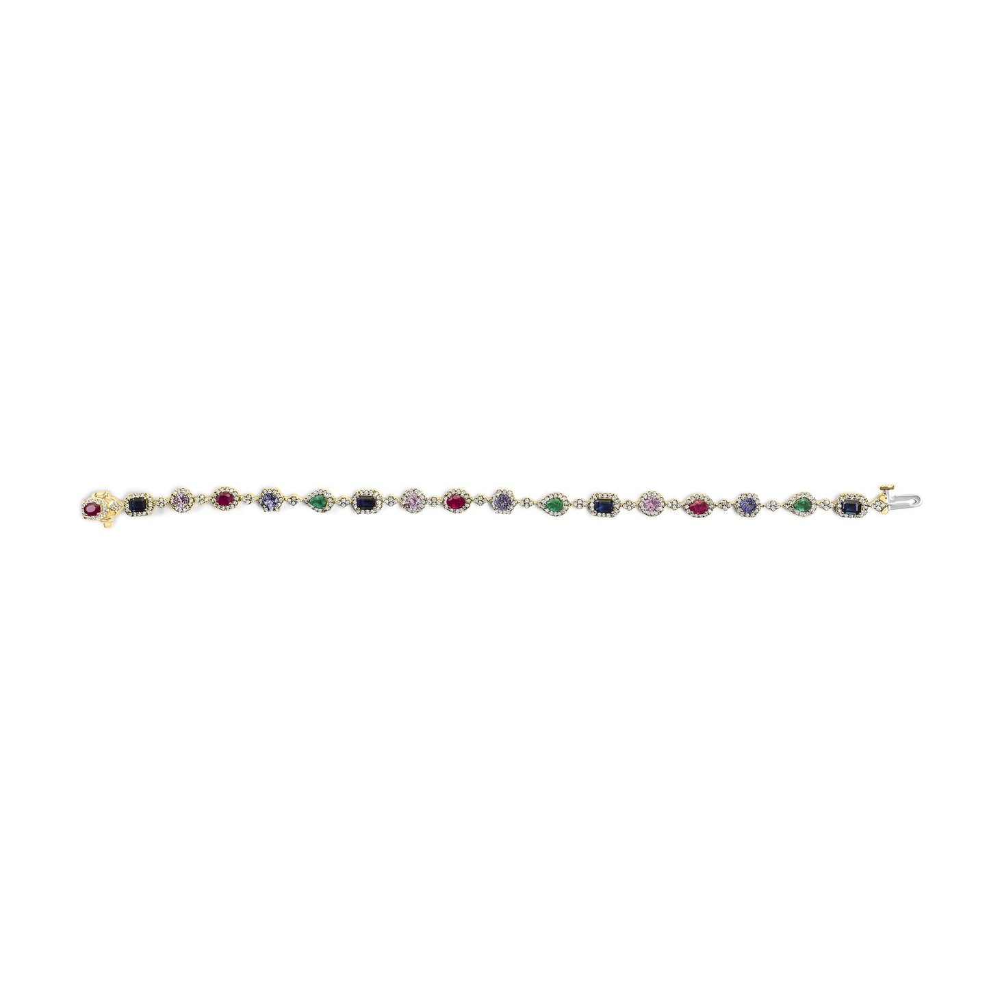 14K Yellow Gold Multi-Gemstone and Diamond Halo Rainbow Link Bracelet