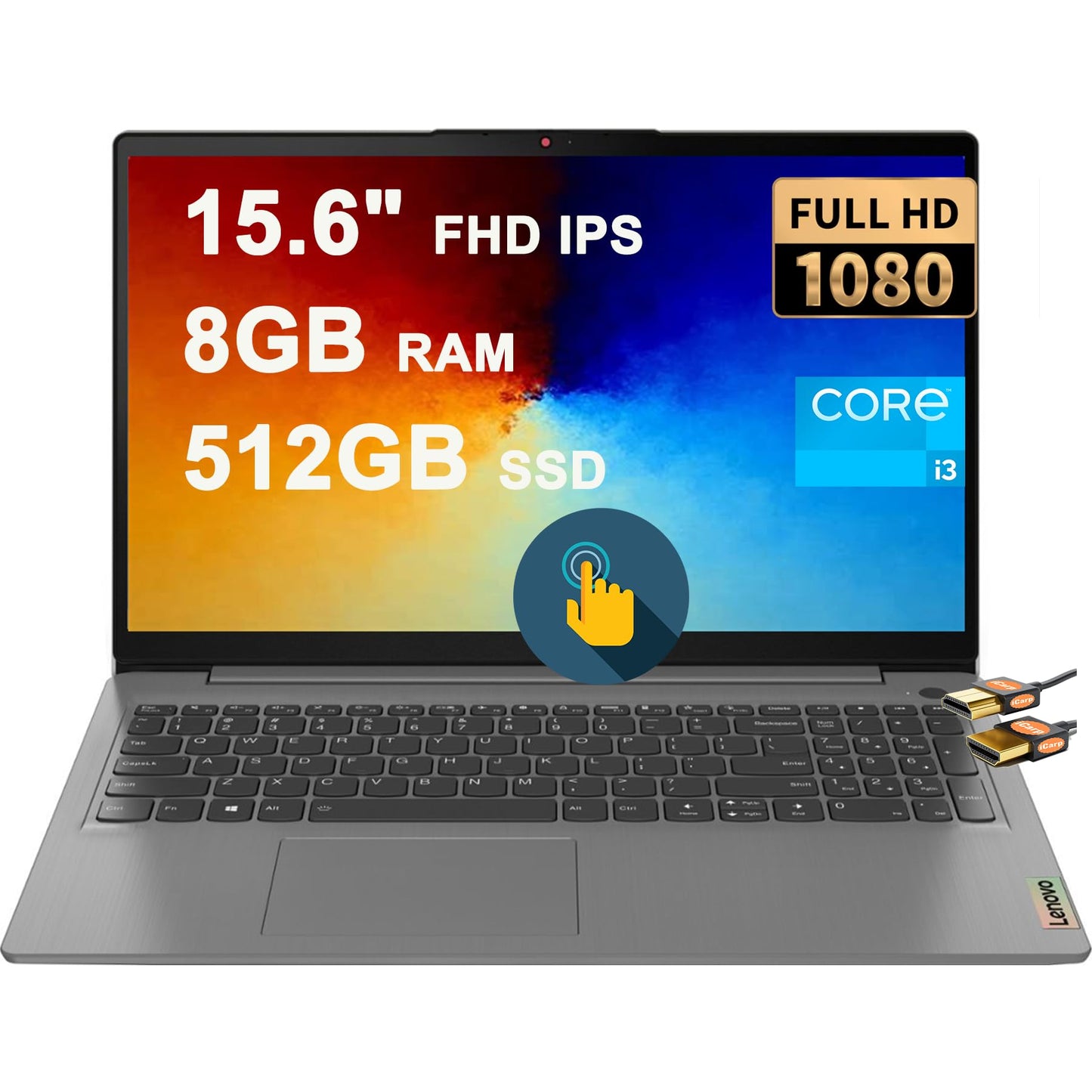 Lenovo IdeaPad 3 15 Business Laptop 15.6" FHD IPS Touchscreen 11th Gen Intel i3-1115G4 Processor 8GB RAM 512GB SSD USB-C Privacy Webcam Rapid Charge Long Battery Life Win11 Gray + HDMI Cable