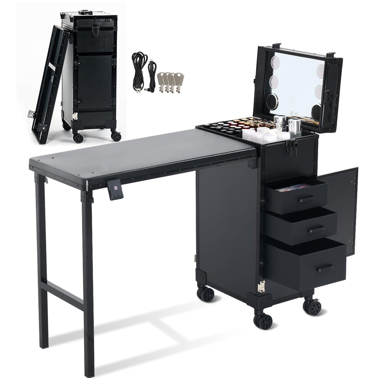 Lorvain Rolling Manicure Table Makeup Workstation with Speaker Foldable Nail Desk Makeup Train Case with Light Mirror Portable Nail Table for Nail Teach Travel Makeup Artist Trolley Black