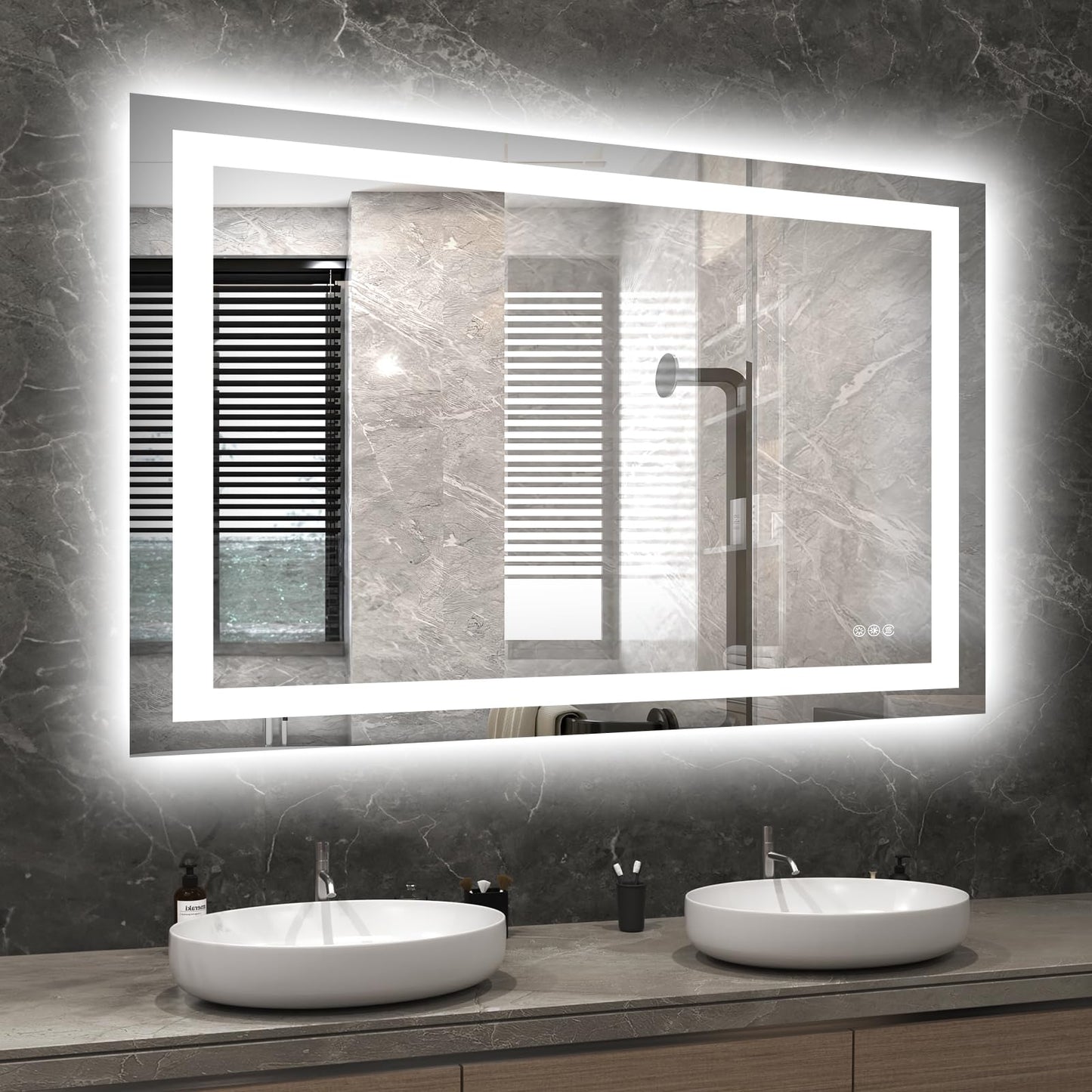 Hivone LED Bathroom Mirror with Lights 40x34 Wall Vanity LED Mirror Stepless DimmableDouble Front and BacklightAnti-FogMemory Smart Mirror for Bathroom