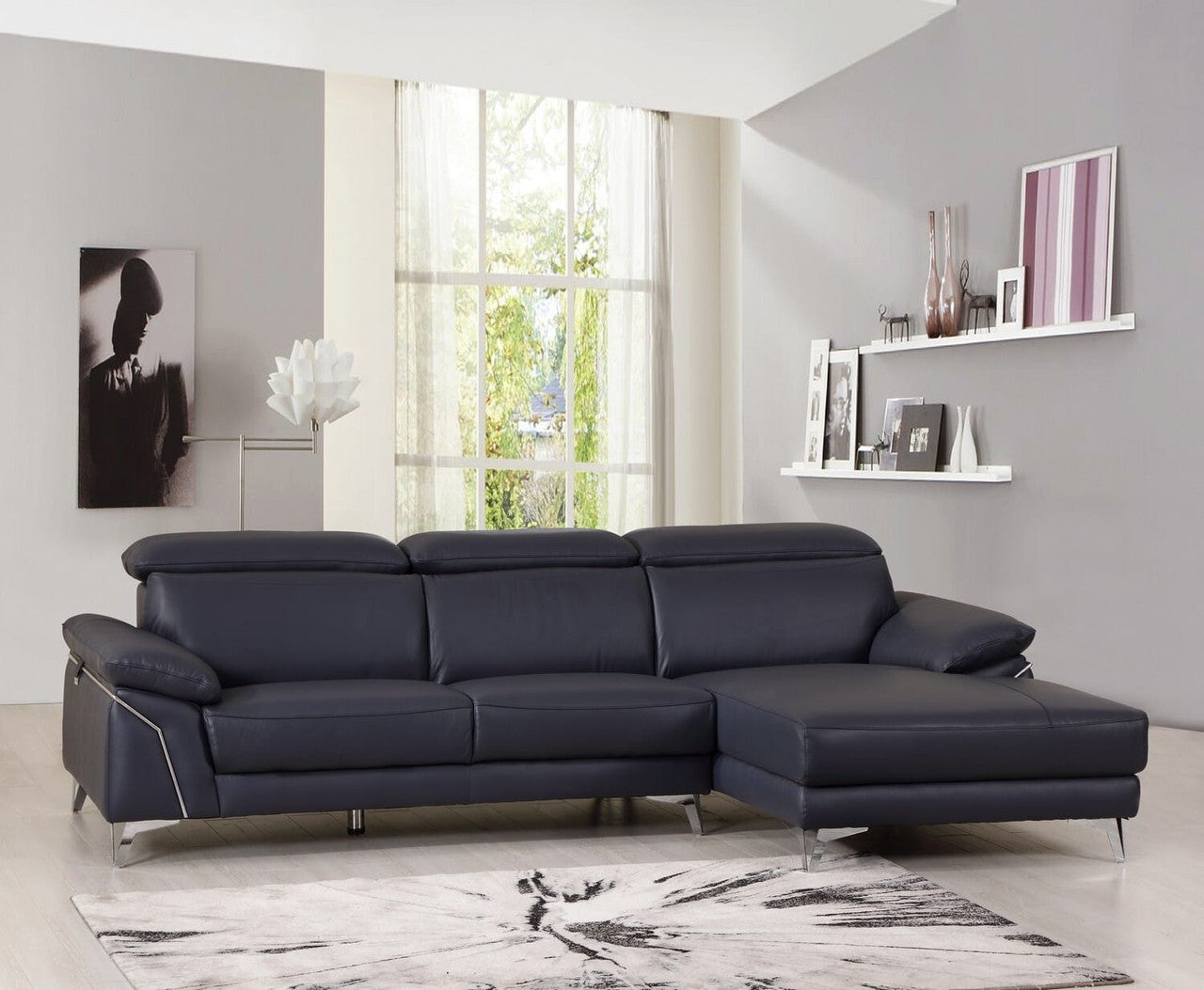 Navy Blue Italian Leather L Shaped Two Piece Sofa and Chaise Sectional