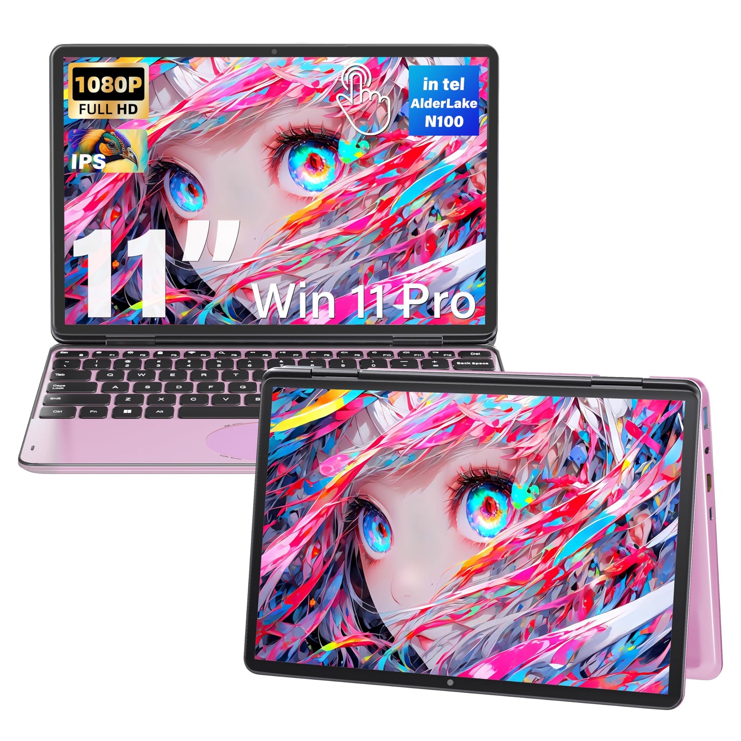 Svikou 11" Touchscreen 2-in-1 Convertible Pink Laptop for Business&Students in tel N100 CPU16G DDR4 RAM1T SSDFHD 1920 * 1200 IPSWin 11 Pro PCBacklit Keyboard WiFi Type-CHDMI Oval Trackpad