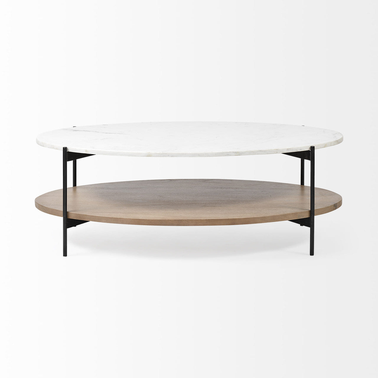 Oval White Marble Top And Black Metal Base Coffee Table W Wood Shelf