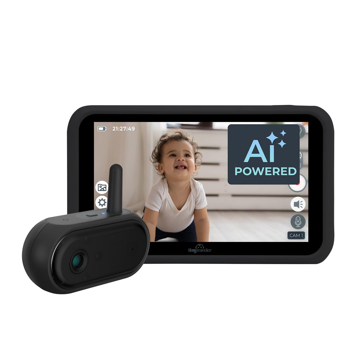 Tiny Traveler Ai Smart Wireless Baby Car Monitor (TT006B) - AI-Powered Safety Alerts: Cry/Laugh/Stand Detection Virtual Fense Long Range 1000ft Night Vision Lullabies Night Light - Black