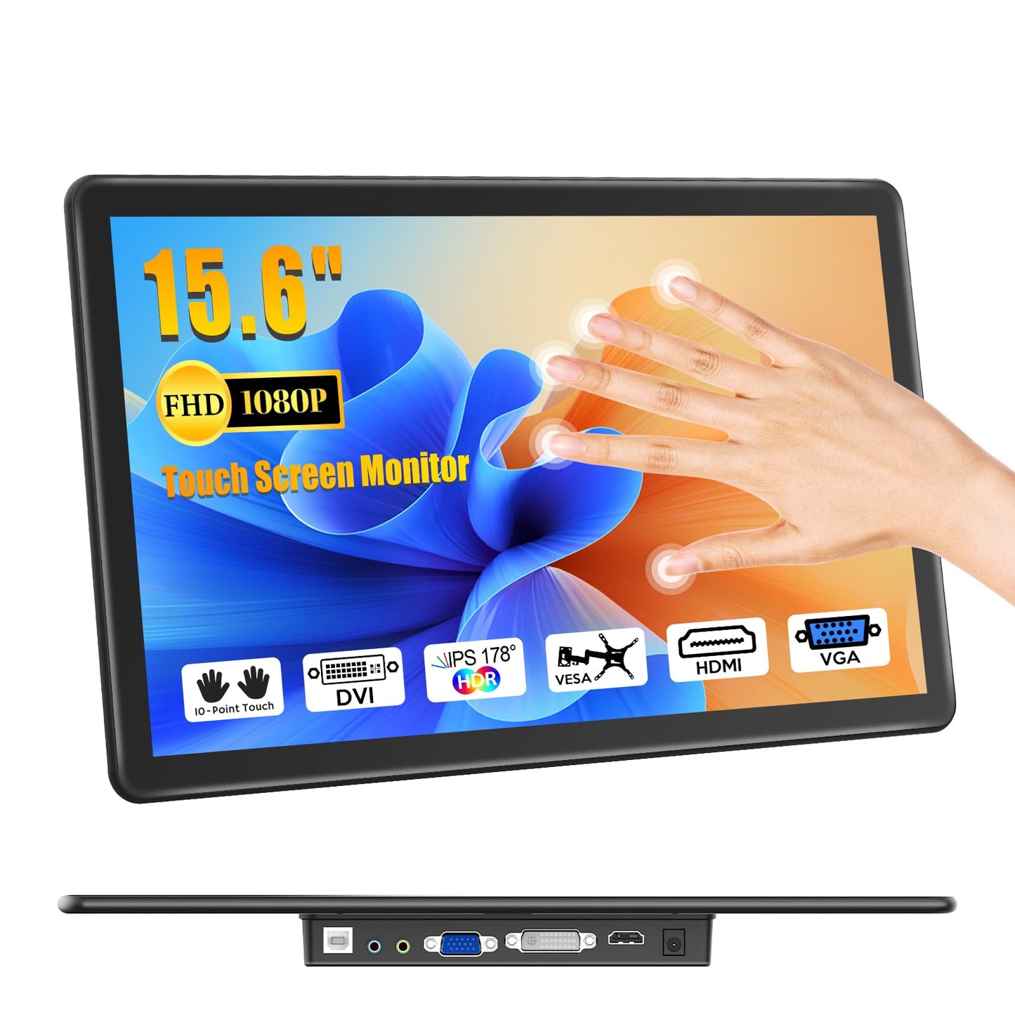 XBONFIRE 15.6" Touchscreen Monitor HDR 1080P IPS 10-Point Touch Screen Monitor with HDMI VGA DVI VESA & Speakers Touch Monitor for PC Laptop RPi CCTV POS Industrial Medical Equipment