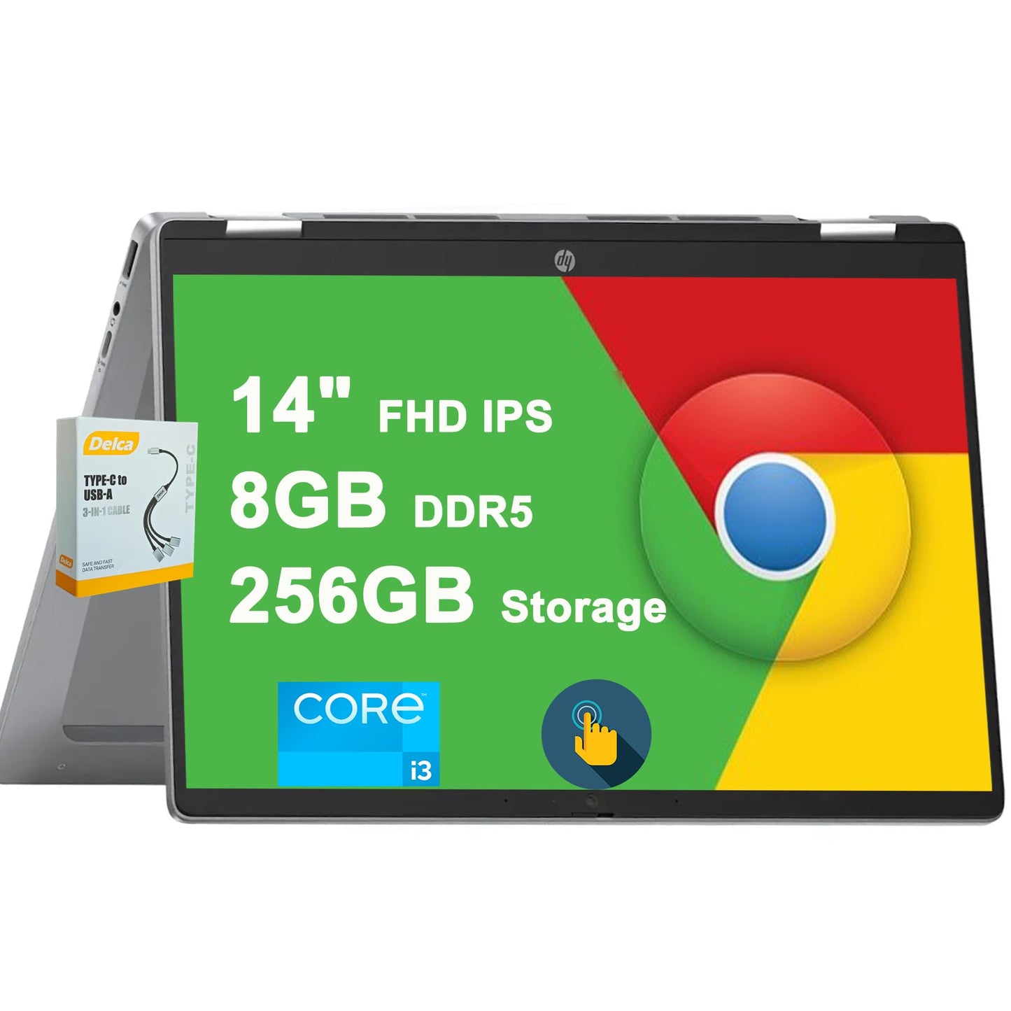 HP Chromebook Plus x360 Business Laptop | 14" FHD IPS Multi-Touch | Intel 8-core i3-N305 (>i5-1135G7) | 8GB DDR5 256GB SSD | Backlit USB-C Fast Charging Long Battery Life w/DLCA Accessory