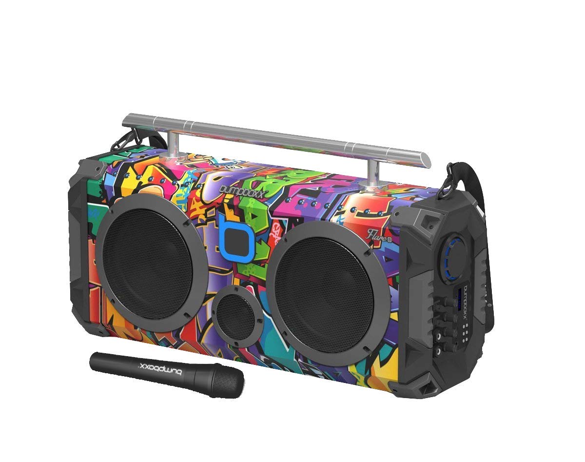 Bumpboxx Bluetooth Portable Speaker Boombox Flare8 NYC Graffiti | Retro Boombox with Bluetooth Speaker | Rechargeable Lithium Battery | Includes Wireless Microphone Carrying Strap & Remote Control