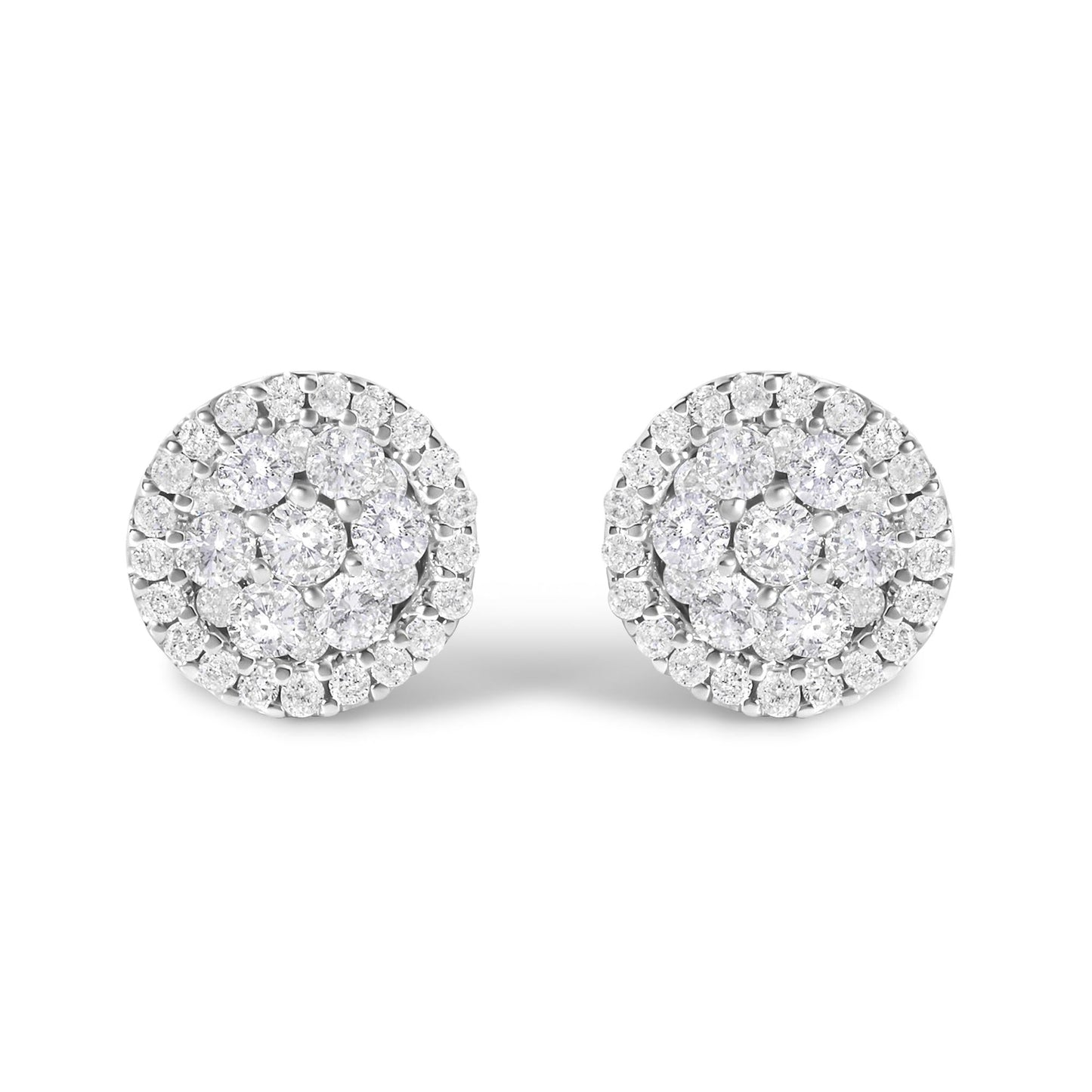 AGS Certified 14K White Gold 1.0 Cttw Brilliant-Cut Diamond Halo-Style Cluster Round Button Stud Earrings (G-H Color, I1-I2 Clarity)