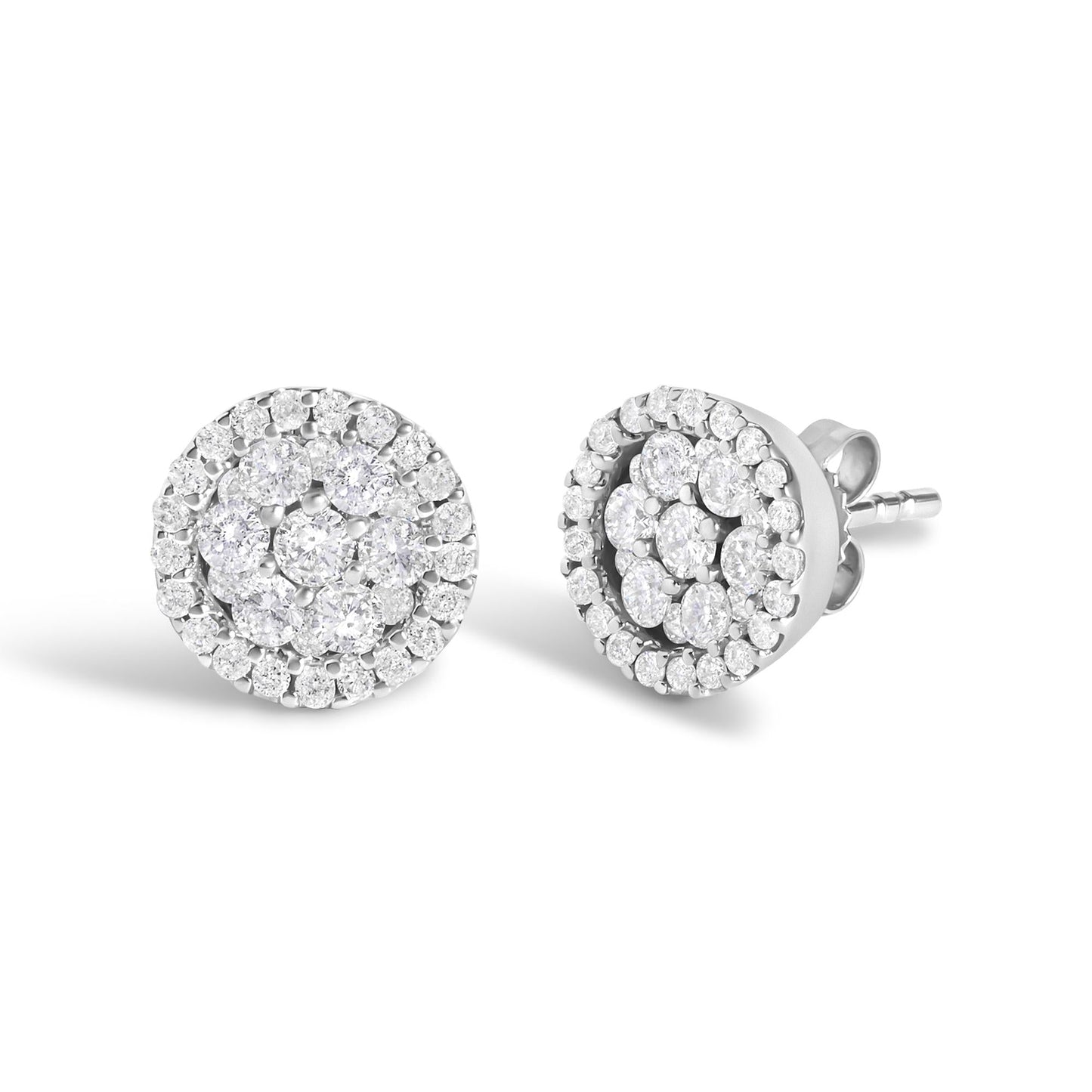 AGS Certified 14K White Gold 1.0 Cttw Brilliant-Cut Diamond Halo-Style Cluster Round Button Stud Earrings (G-H Color, I1-I2 Clarity)