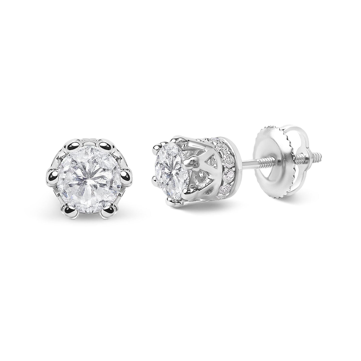 14K White Gold 2.0 Cttw Round Cut Prong-Set Diamond Crown Stud Earring (I-J Color, I1-I2 Clarity)