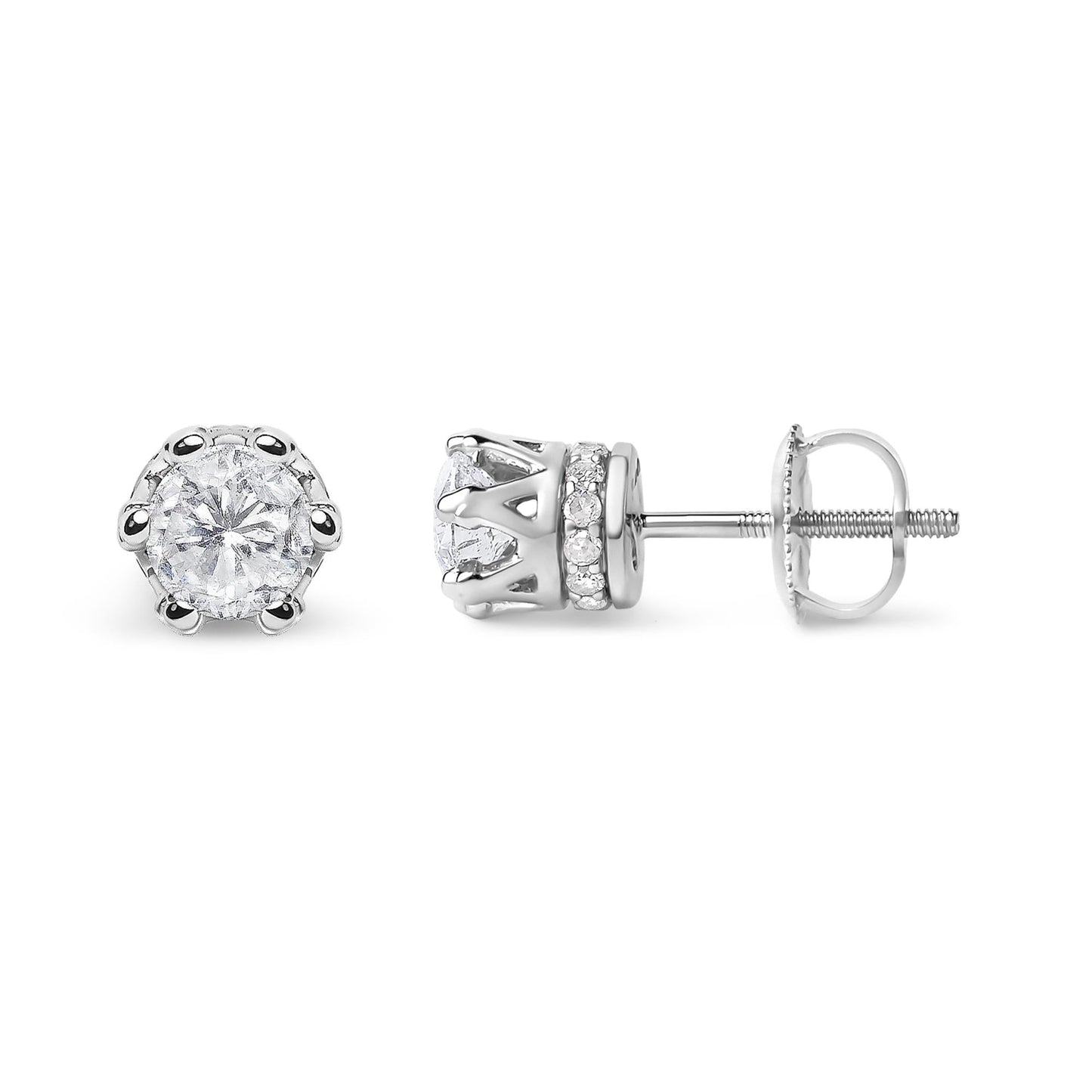 14K White Gold 2.0 Cttw Round Cut Prong-Set Diamond Crown Stud Earring (I-J Color, I1-I2 Clarity)