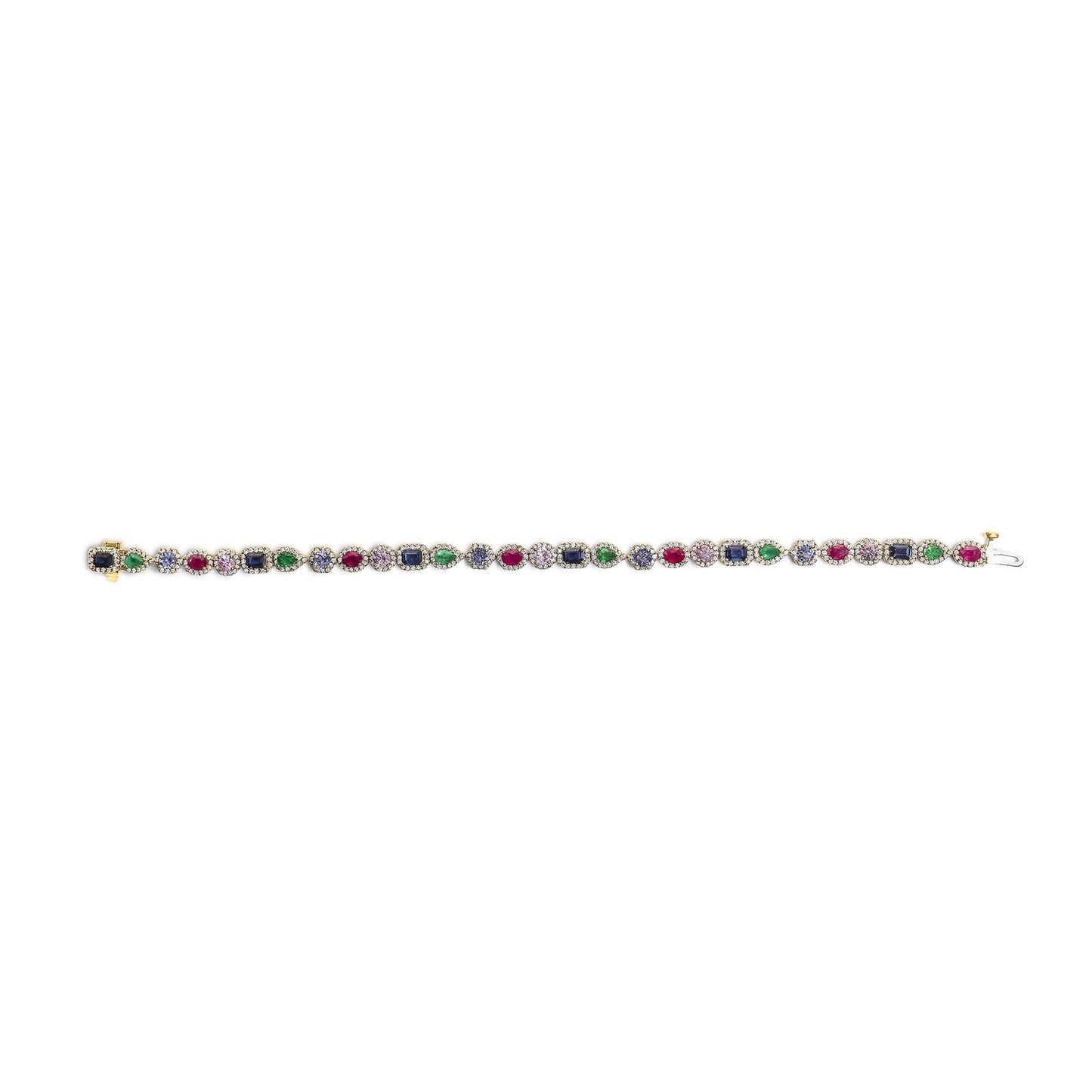14K Yellow Gold Multi-Gemstone  and Diamond Halo Rainbow Tennis Bracelet