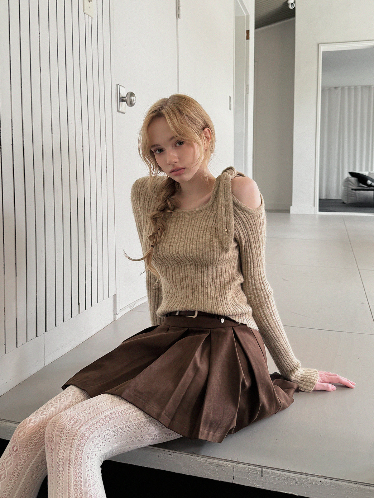 Bohe Shoulder Cut-Out Strap Knit Top