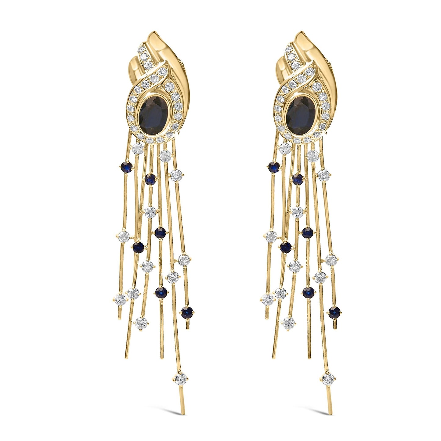 14K Yellow Gold 1.0 Cttw Diamond and Blue Sapphire Chandelier Earrings