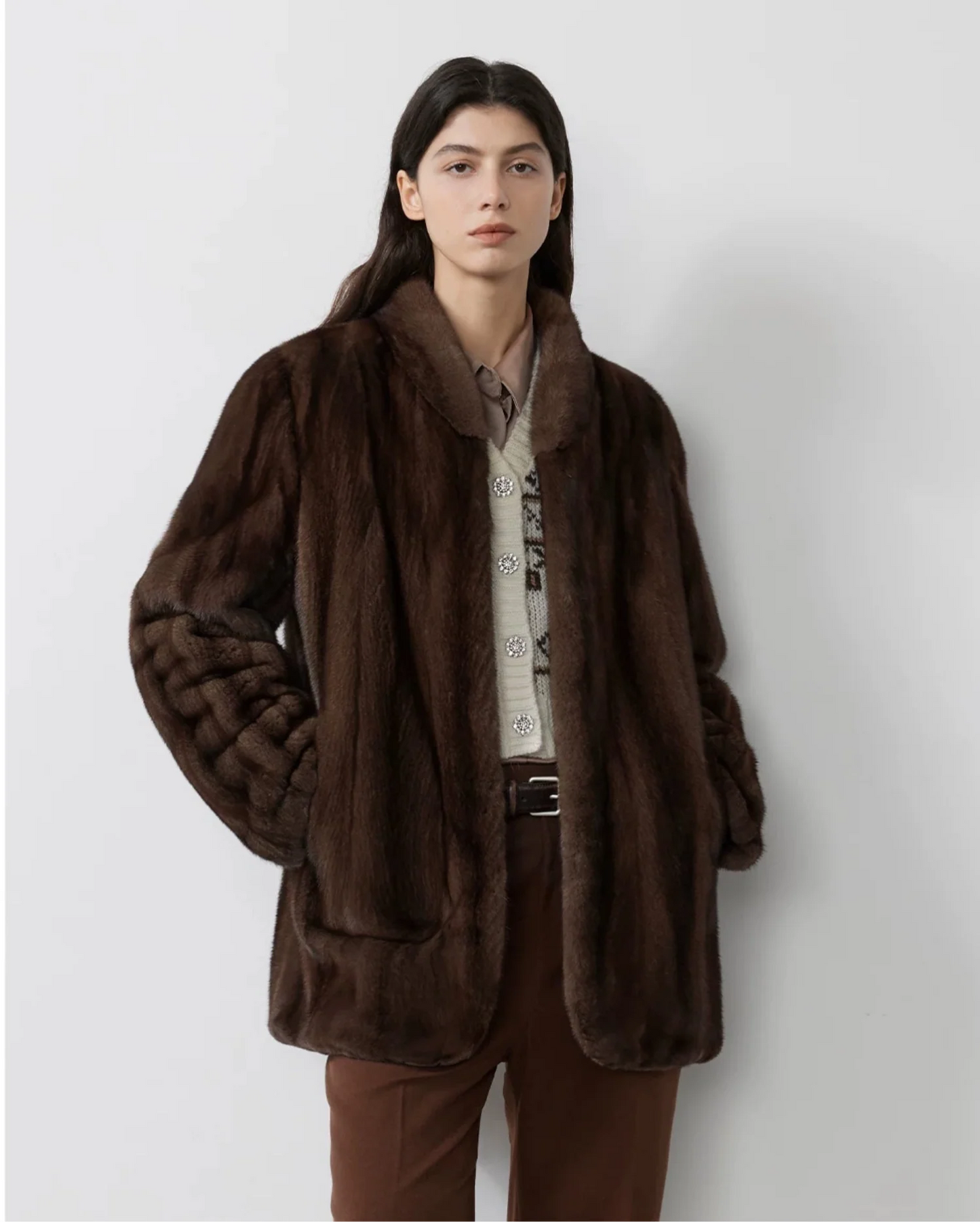 Warm coffee mink retro imported stand collar short mink fur coat