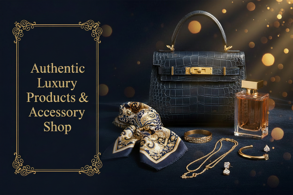 A luxury handbag in dark blue crocodile-embossed leather with gold hardware, styled with a patterned scarf, gold jewelry, and a perfume bottle on a dark blue background with gold bokeh lights. A decorative gold frame graphic is on the left.