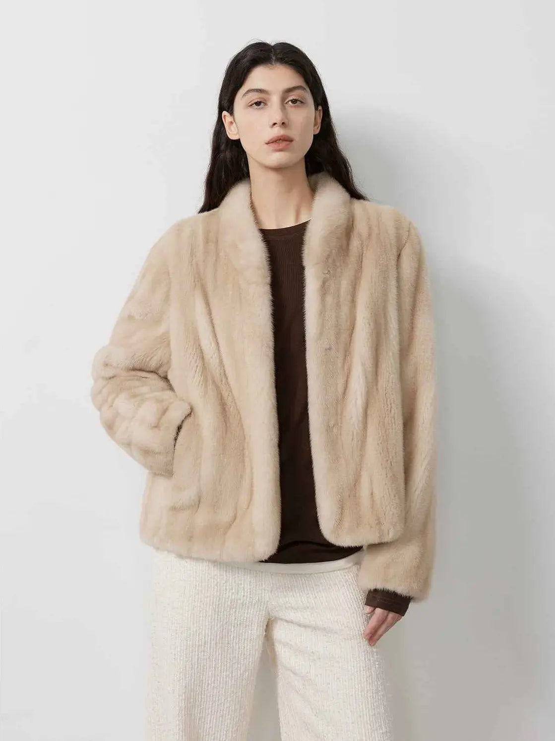 Warm coffee mink retro imported stand collar short mink fur coat