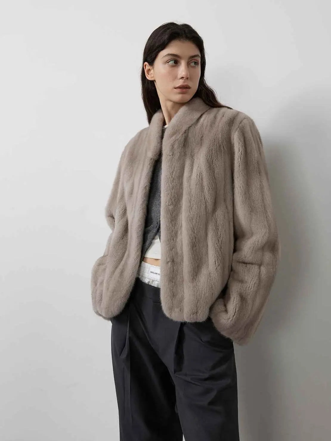 Warm coffee mink retro imported stand collar short mink fur coat