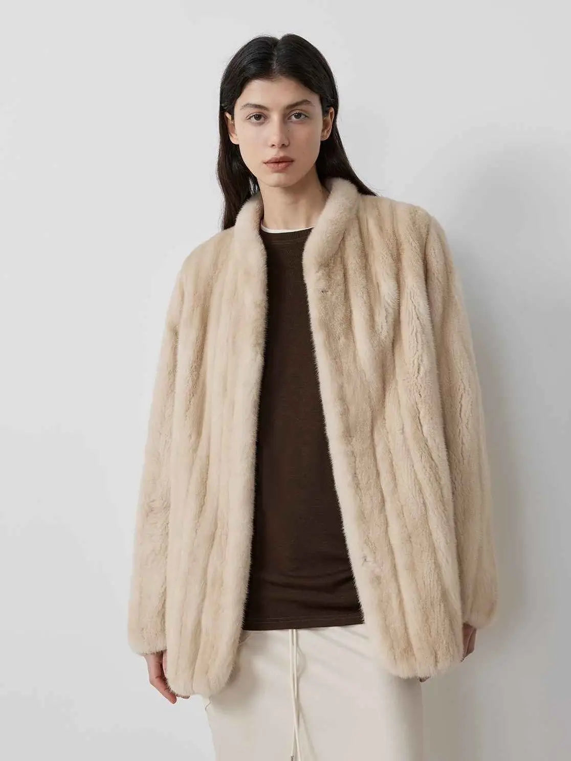 Warm coffee mink retro imported stand collar short mink fur coat