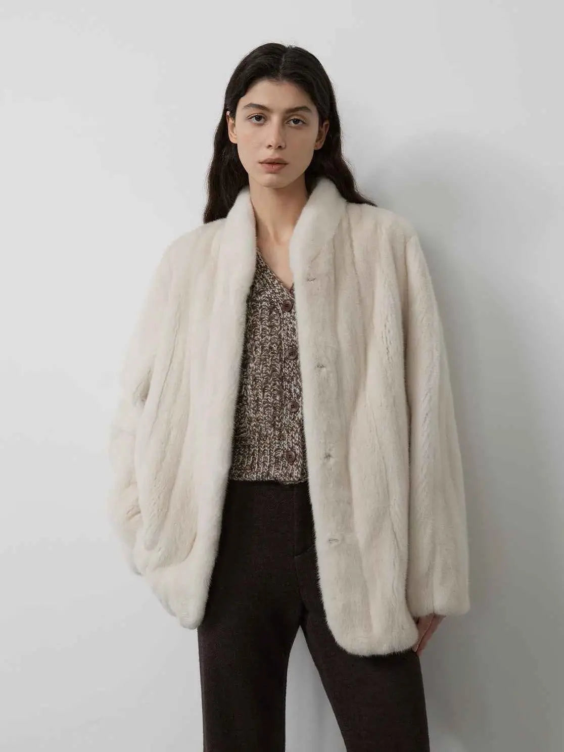 Warm coffee mink retro imported stand collar short mink fur coat